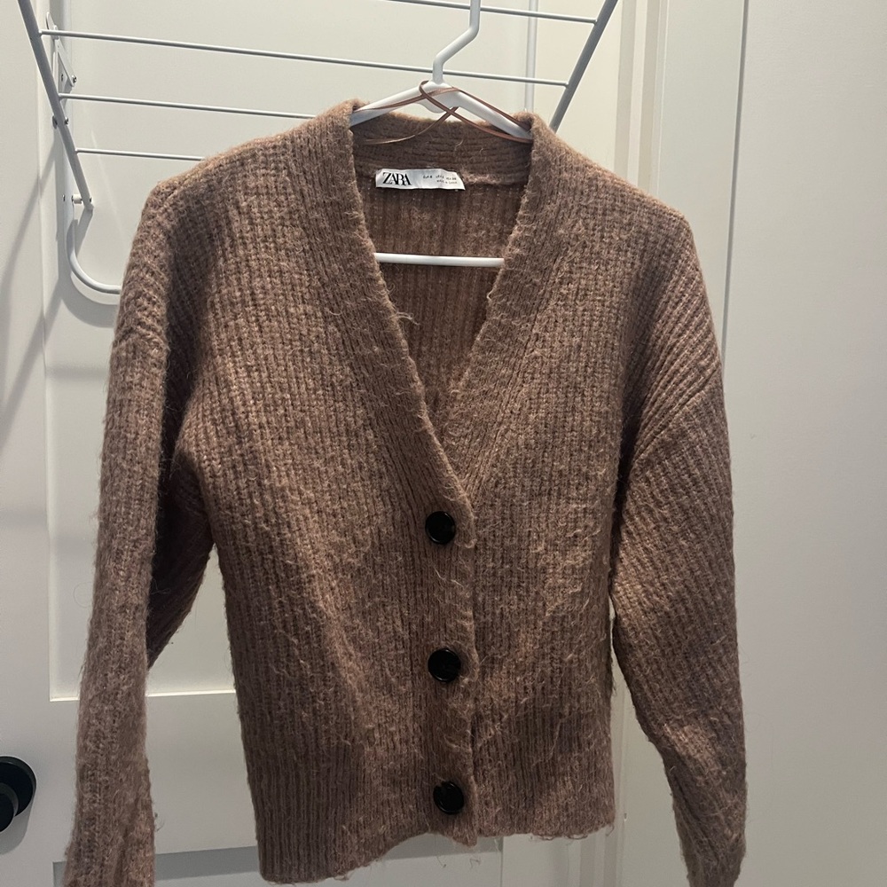 Zara Women's Brown Ribbed V-Neck Button Cardigan Sweater